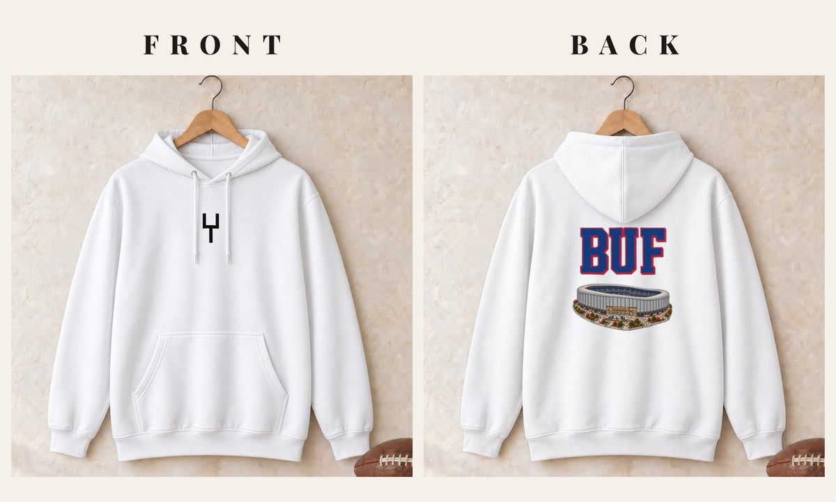 Hoodie + Goalpost Front · White · front and back · Buffalo Home Field Advantage hoodie in white