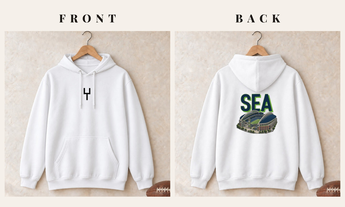 Hoodie + Goalpost Front · White · front and back · Seattle Home Field Advantage hoodie in white
