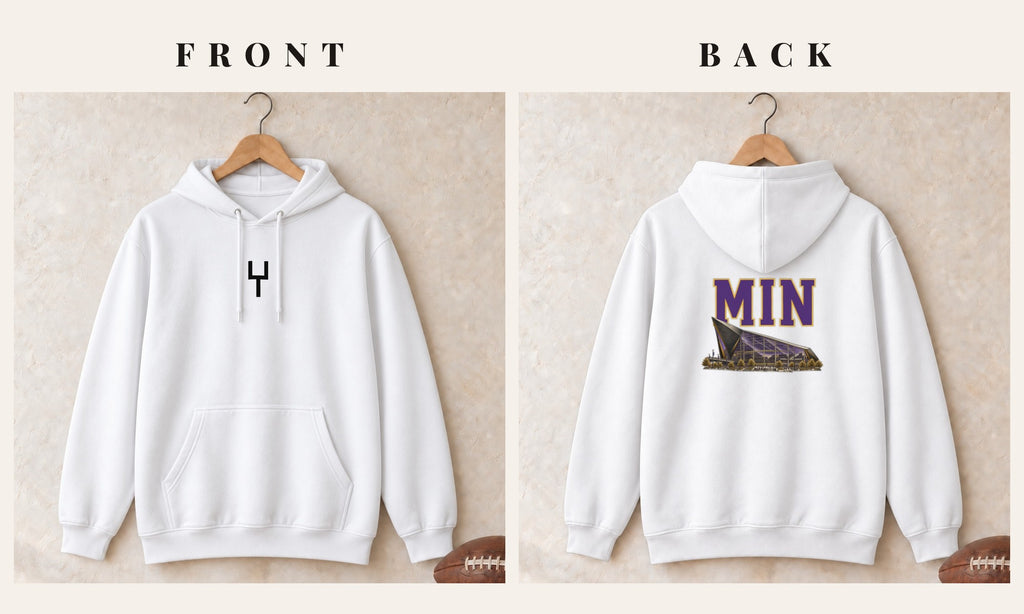 Hoodie + Goalpost Front · White · front and back · Minnesota Home Field Advantage hoodie in white