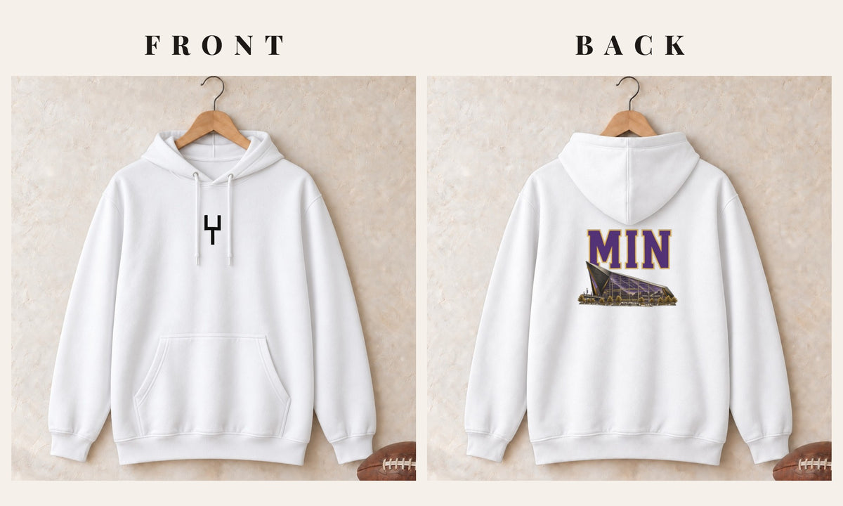 Hoodie + Goalpost Front · White · front and back · Minnesota Home Field Advantage hoodie in white
