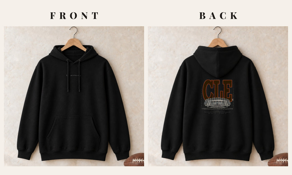 Hoodie + Logo Front · Black · front and back · Cleveland Blueprint City hoodie in black