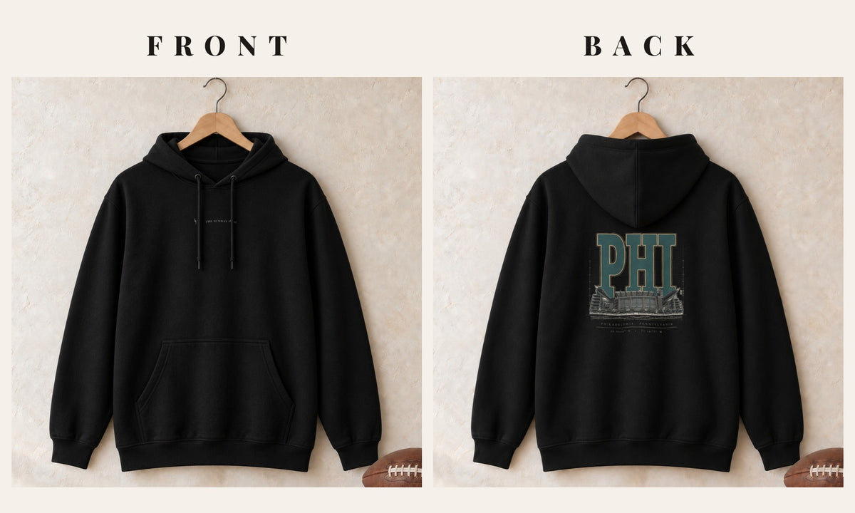 Hoodie + Logo Front · Black · front and back · Philadelphia Blueprint City hoodie in black