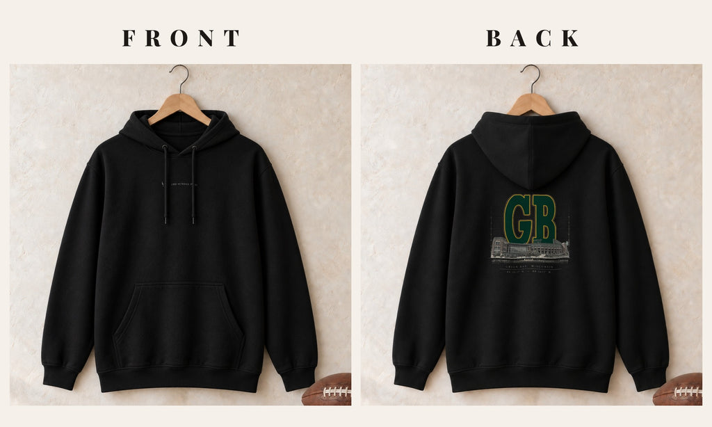 Hoodie + Logo Front · Black · front and back · Green Bay Blueprint City hoodie in black