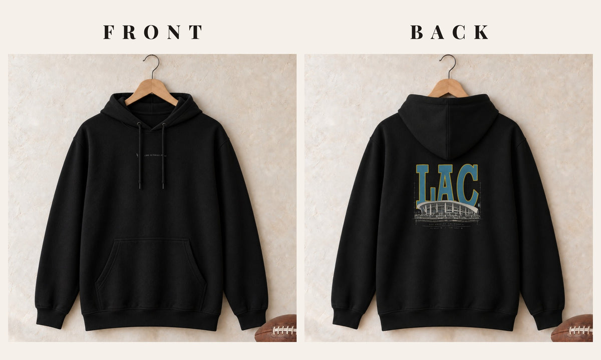 Hoodie + Logo Front · Black · front and back · Los Angeles Powder Blueprint City hoodie in black