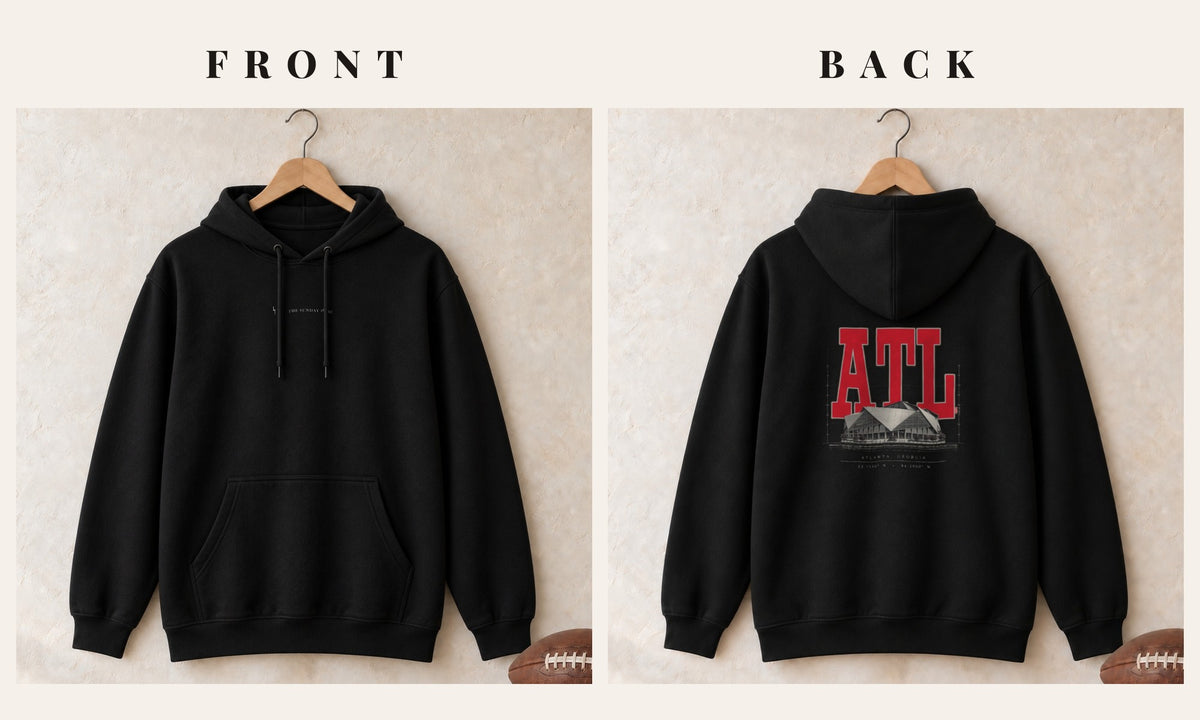 Hoodie + Logo Front · Black · front and back · Atlanta Blueprint City hoodie in black