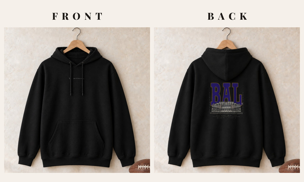 Hoodie + Logo Front · Black · front and back · Baltimore Blueprint City hoodie in black