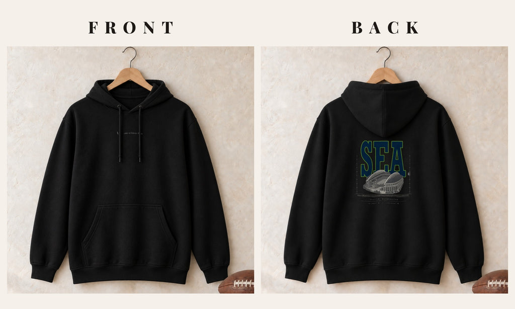 Hoodie + Logo Front · Black · front and back · Seattle Blueprint City hoodie in black