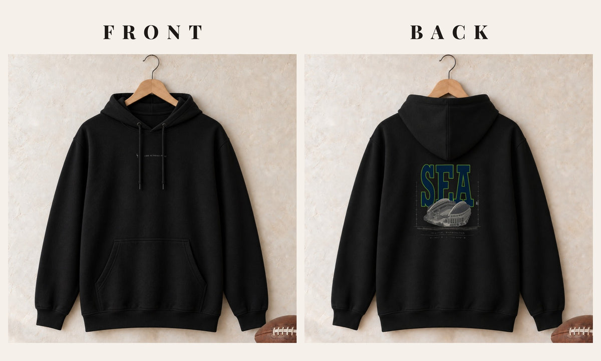 Hoodie + Logo Front · Black · front and back · Seattle Blueprint City hoodie in black