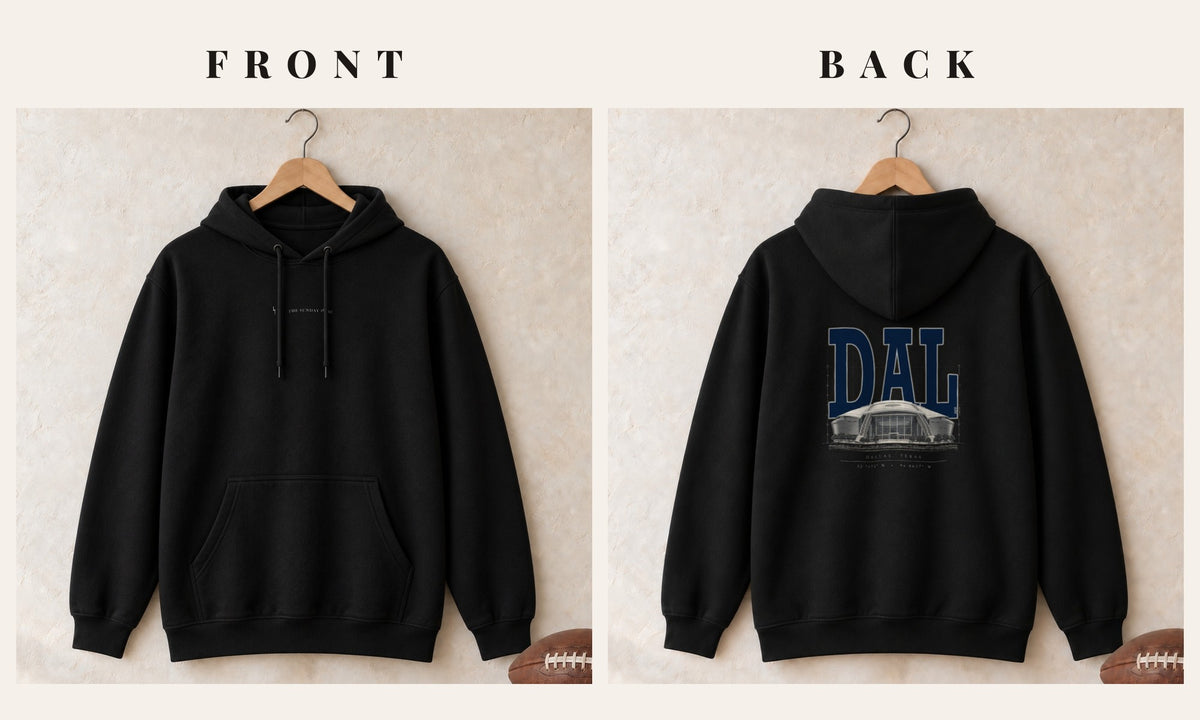 Hoodie + Logo Front · Black · front and back · Dallas Blueprint City hoodie in black