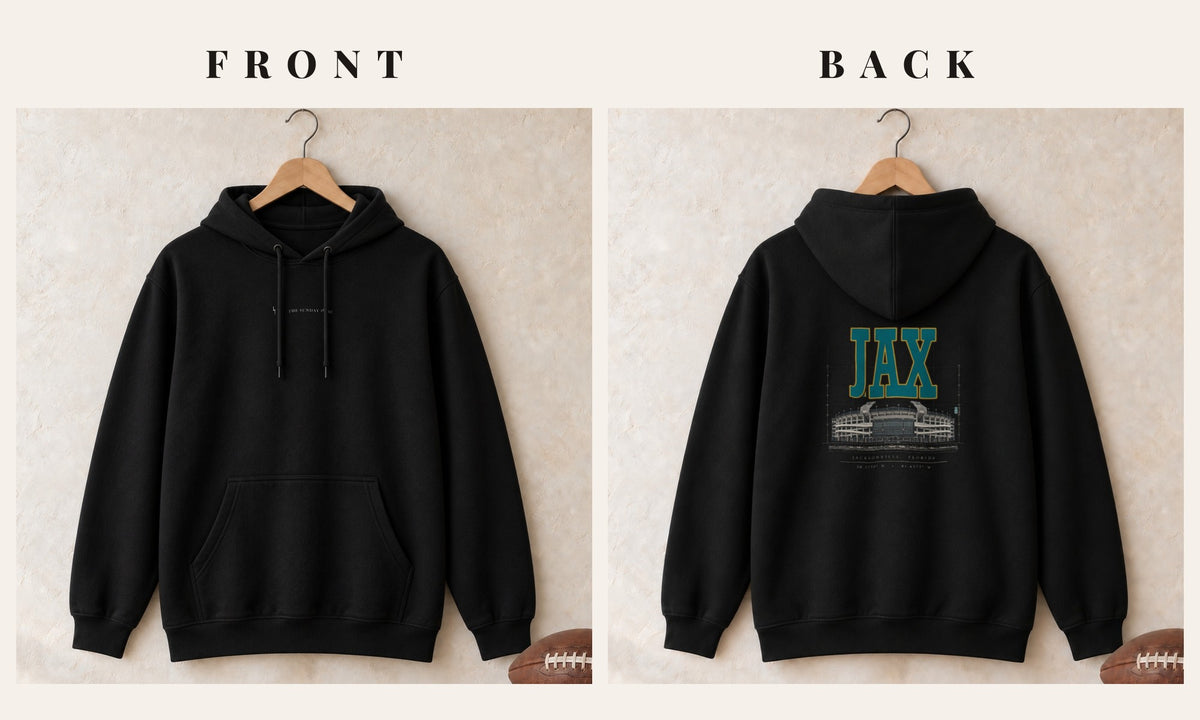 Hoodie + Logo Front · Black · front and back · Jacksonville Blueprint City hoodie in black
