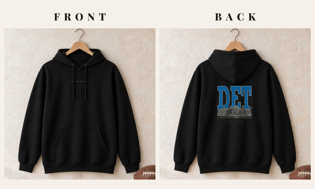 Hoodie + Logo Front · Black · front and back · Detroit Blueprint City hoodie in black