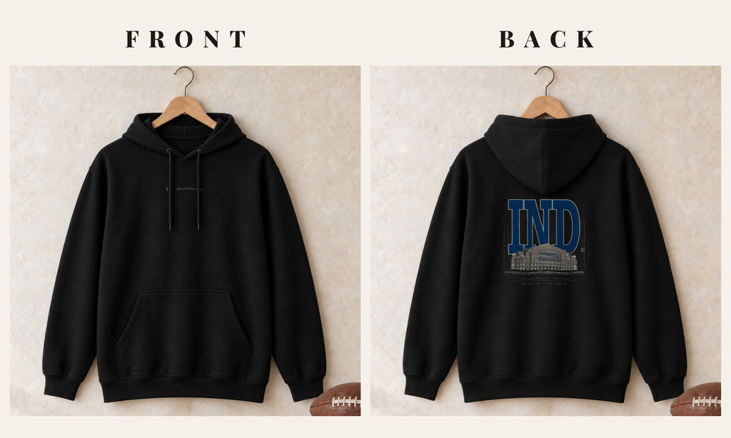 Hoodie + Logo Front · Black · front and back · Indianapolis Blueprint City hoodie in black