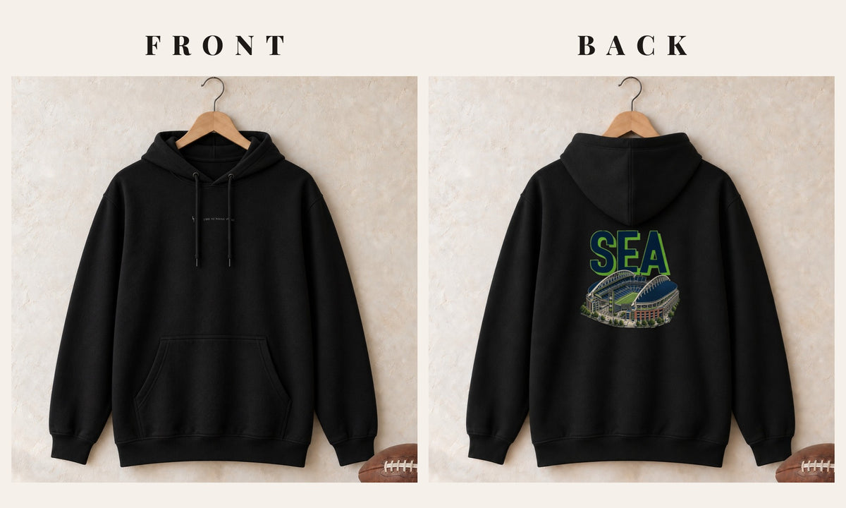 Hoodie + Logo Front · Black · front and back · Seattle Home Field Advantage hoodie in black