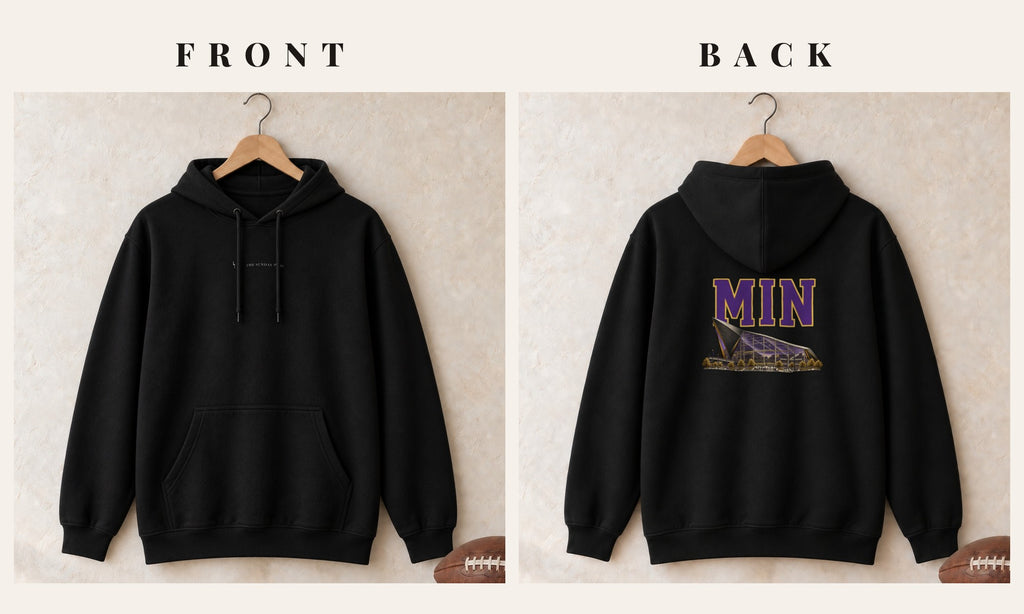 Hoodie + Logo Front · Black · front and back · Minnesota Home Field Advantage hoodie in black