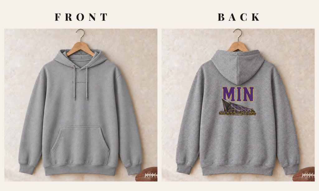 Hoodie + Logo Front · Sport Grey · front and back · Minnesota Home Field Advantage hoodie in sport grey