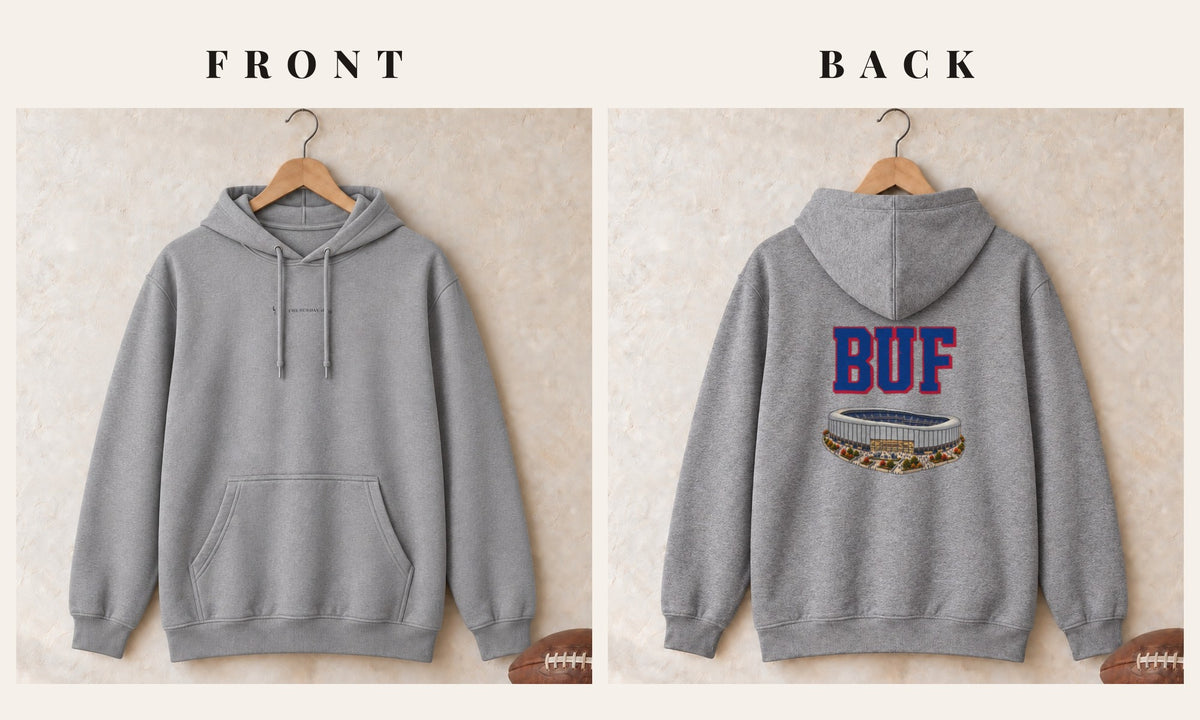 Hoodie + Logo Front · Sport Grey · front and back · Buffalo Home Field Advantage hoodie in sport grey