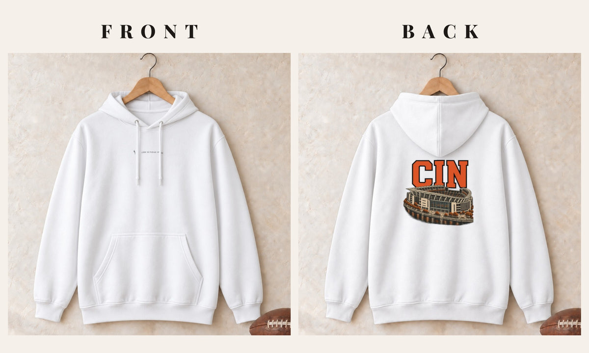 Hoodie + Logo Front · White · front and back · Cincinnati Home Field Advantage hoodie in white