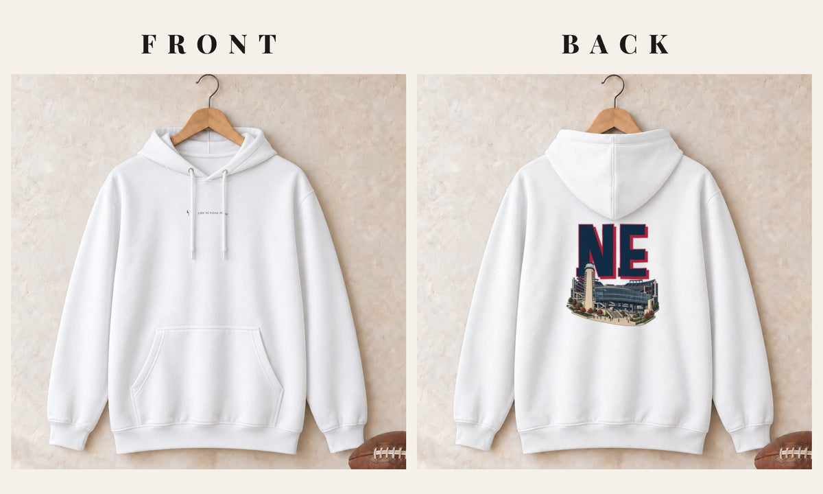 Hoodie + Logo Front · White · front and back · New England Home Field Advantage hoodie in white