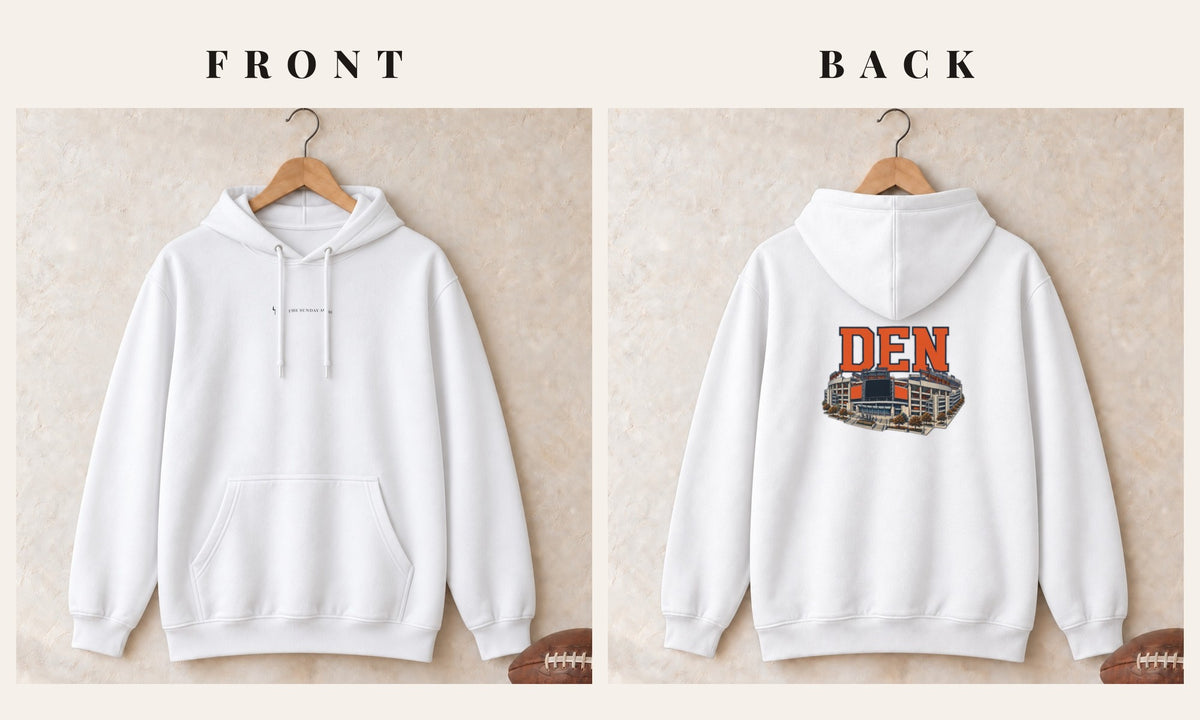 Hoodie + Logo Front · White · front and back · Denver Home Field Advantage hoodie in white