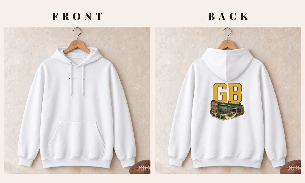 Hoodie + Logo Front · White · front and back · Green Bay Home Field Advantage hoodie in white