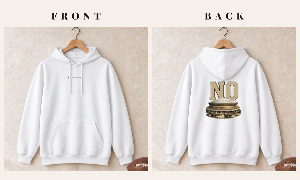Hoodie + Logo Front · White · front and back · New Orleans Home Field Advantage hoodie in white