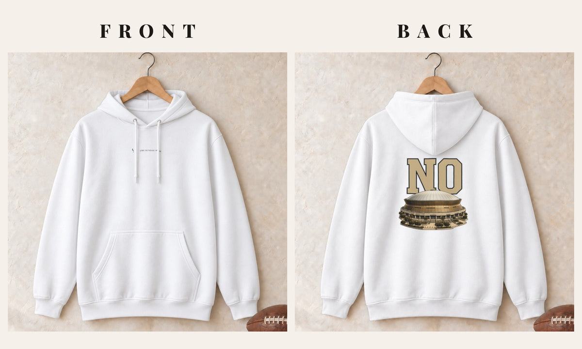 Hoodie + Logo Front · White · front and back · New Orleans Home Field Advantage hoodie in white