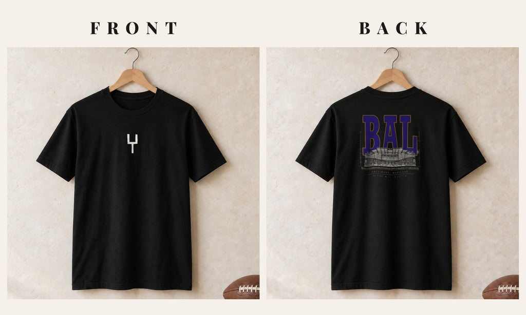 Tee + Goalpost Front · Black · front and back · Baltimore Blueprint City tee in black