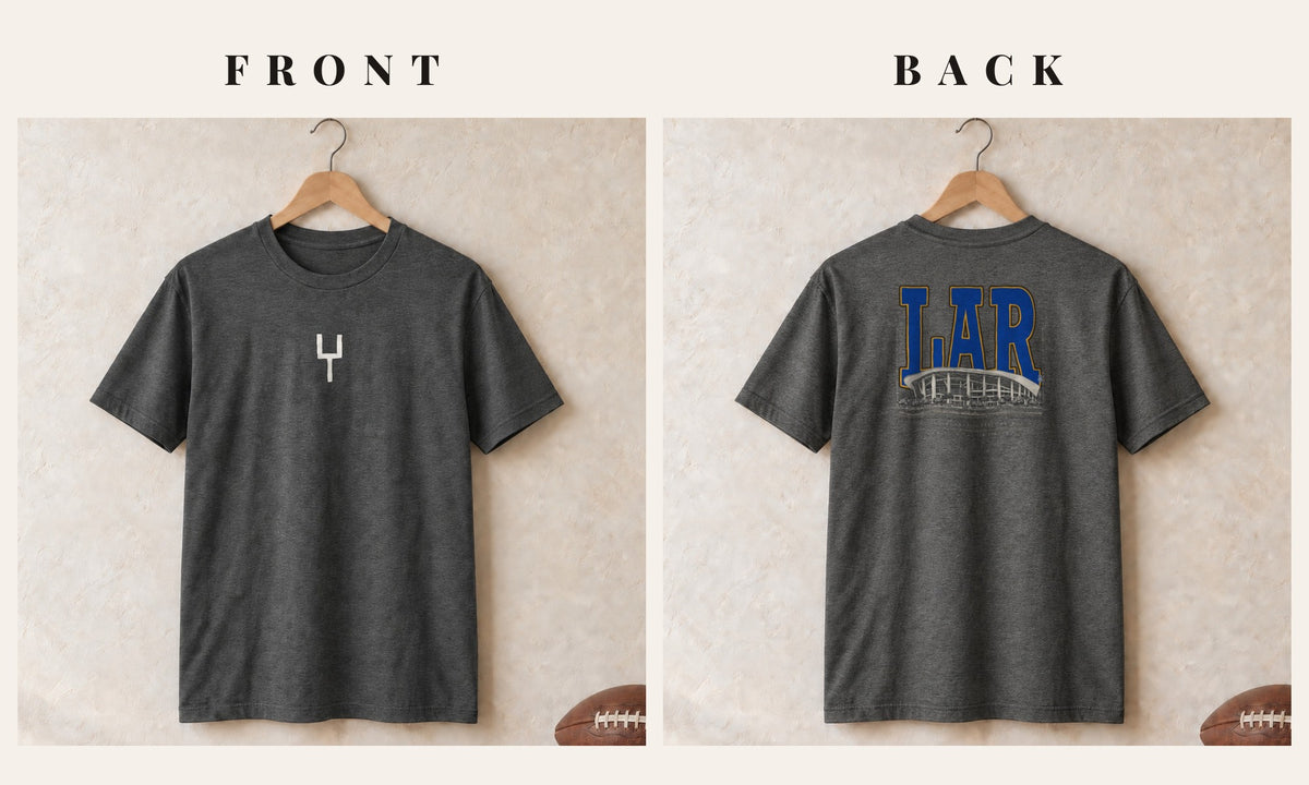 Tee + Goalpost Front · Dark Heather · front and back · Los Angeles Gold Blueprint City tee in dark heather