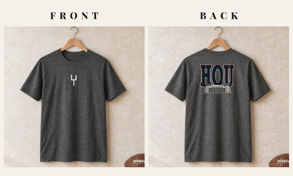 Tee + Goalpost Front · Dark Heather · front and back · Houston Blueprint City tee in dark heather