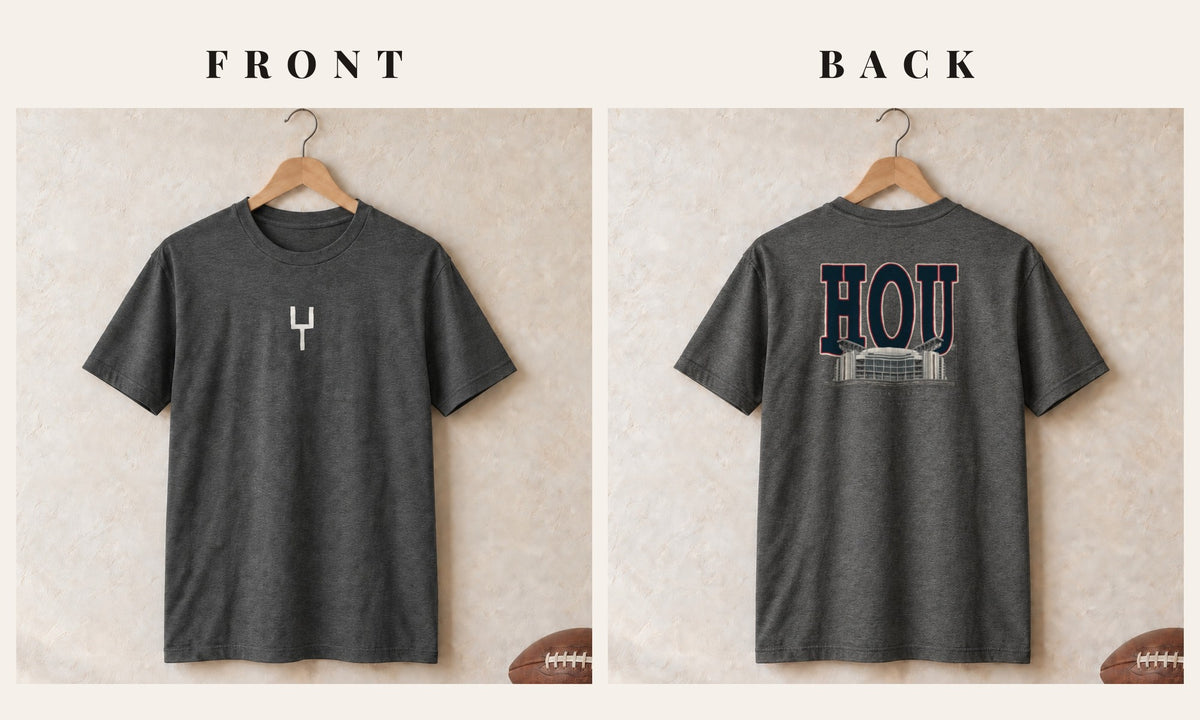 Tee + Goalpost Front · Dark Heather · front and back · Houston Blueprint City tee in dark heather