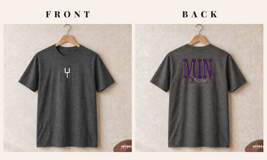 Tee + Goalpost Front · Dark Heather · front and back · Minnesota Blueprint City tee in dark heather