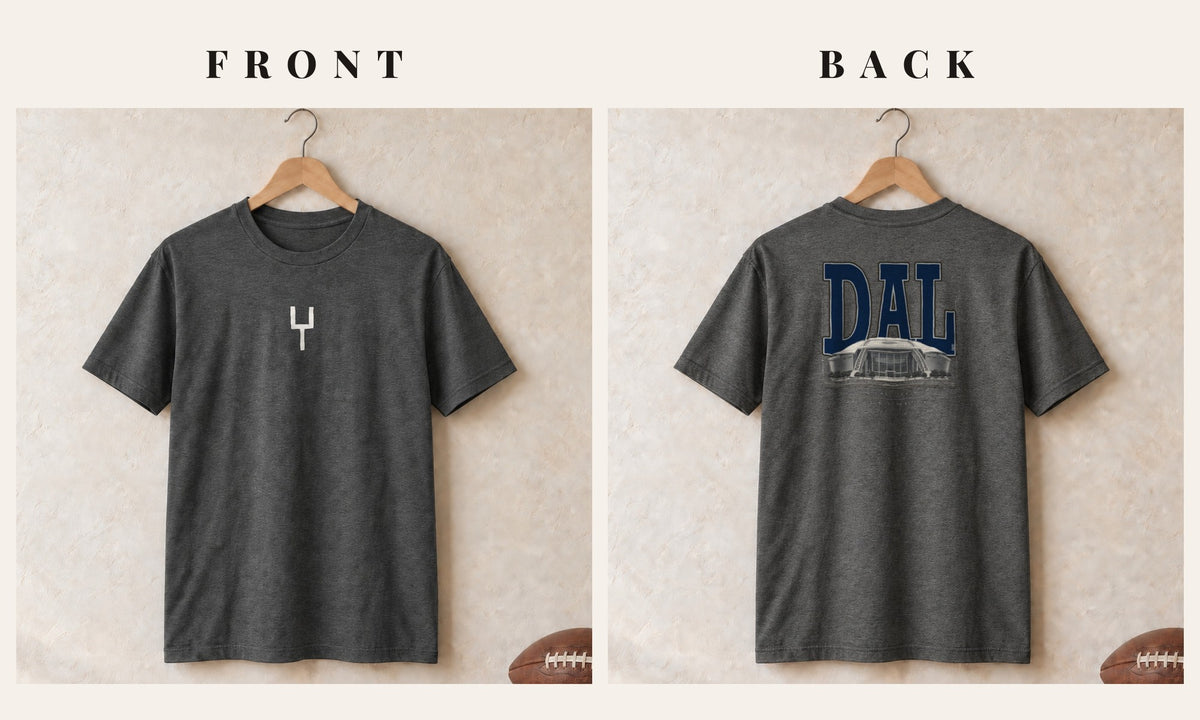 Tee + Goalpost Front · Dark Heather · front and back · Dallas Blueprint City tee in dark heather