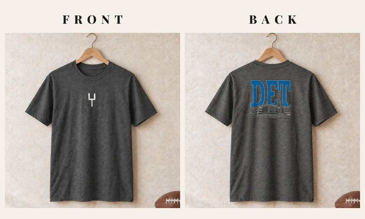 Tee + Goalpost Front · Dark Heather · front and back · Detroit Blueprint City tee in dark heather