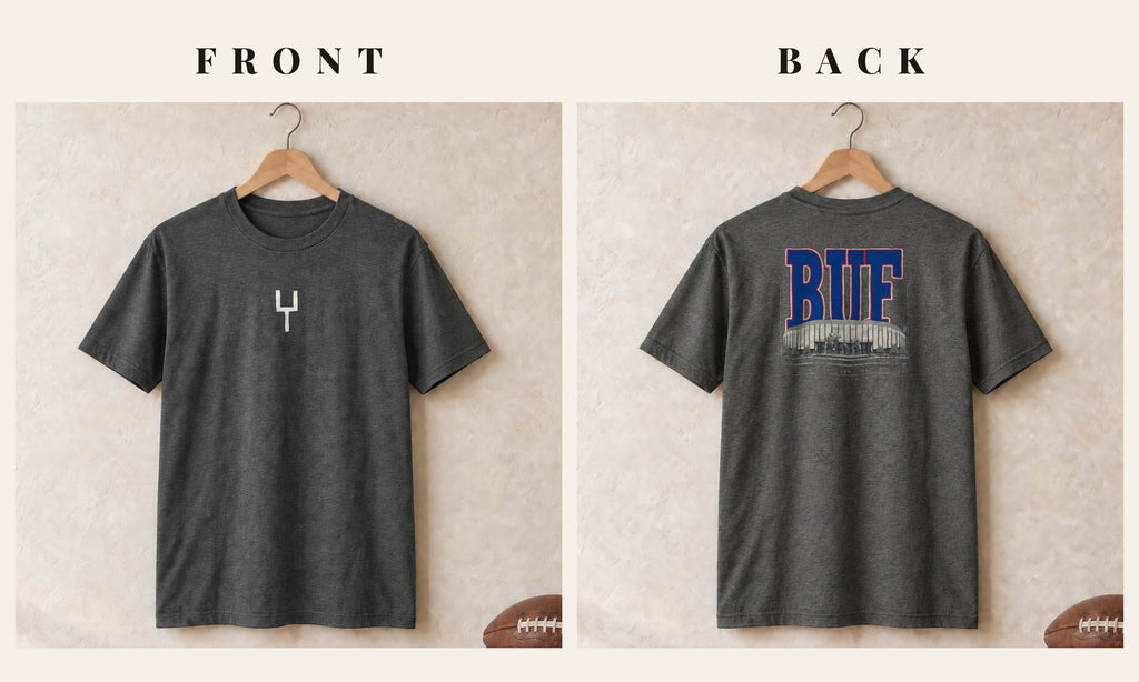 Tee + Goalpost Front · Dark Heather · front and back · Buffalo Blueprint City tee in dark heather