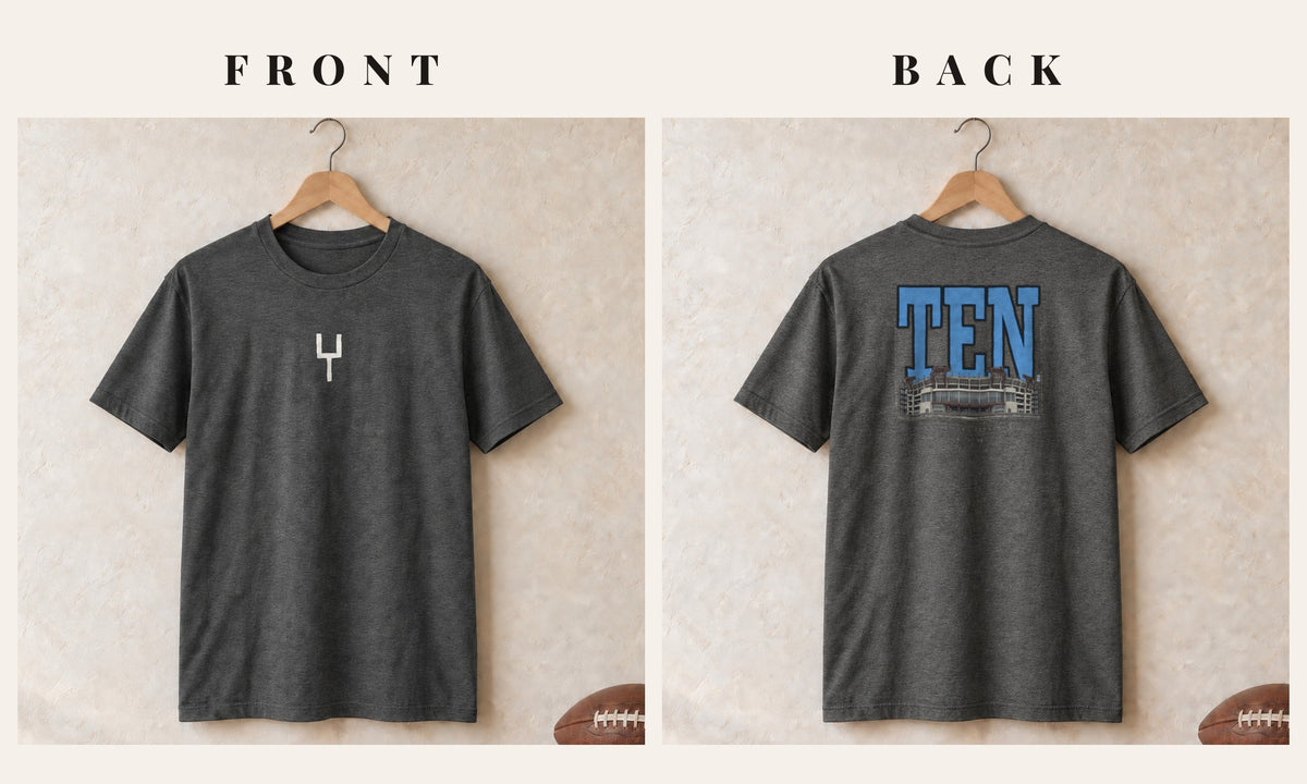Tee + Goalpost Front · Dark Heather · front and back · Tennessee Blueprint City tee in dark heather