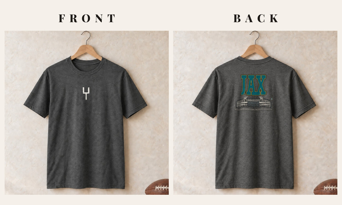 Tee + Goalpost Front · Dark Heather · front and back · Jacksonville Blueprint City tee in dark heather