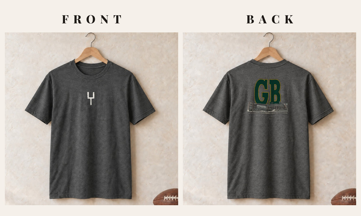 Tee + Goalpost Front · Dark Heather · front and back · Green Bay Blueprint City tee in dark heather