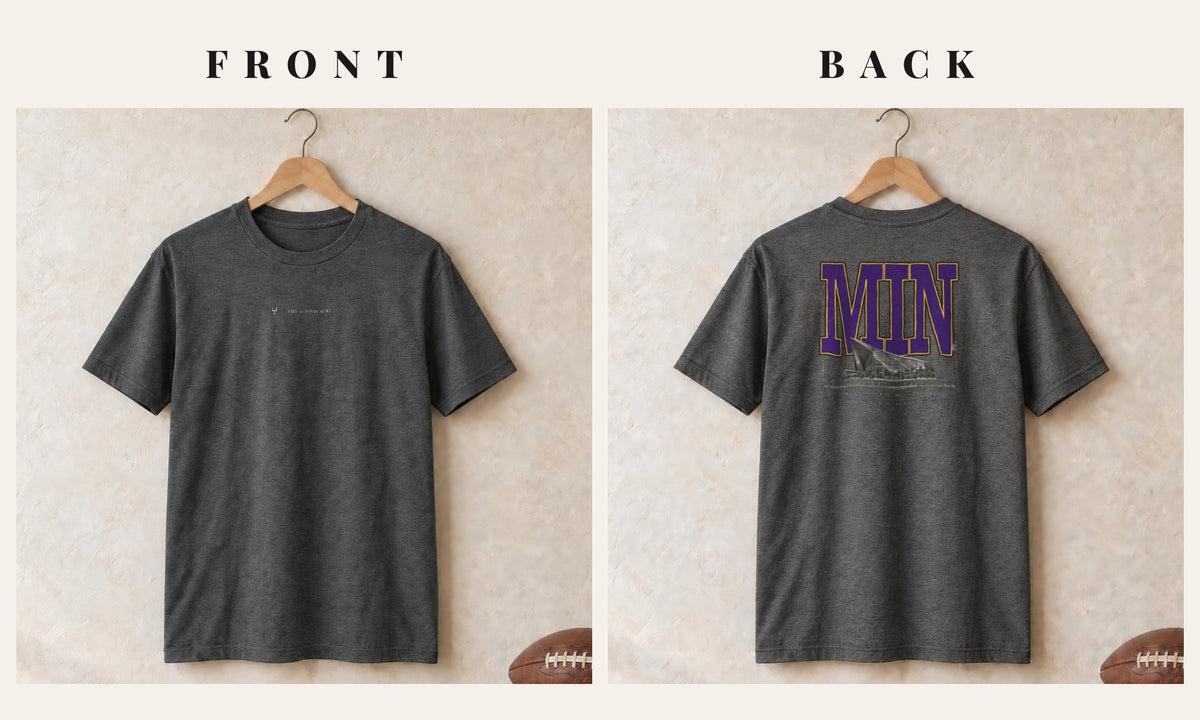 Tee + Logo Front · Dark Heather · front and back · Minnesota Blueprint City tee in dark heather