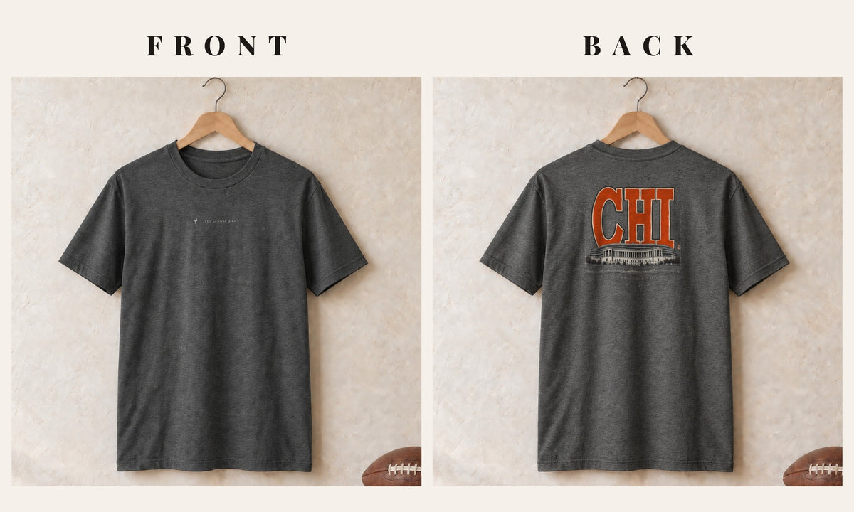 Tee + Logo Front · Dark Heather · front and back · Chicago Blueprint City tee in dark heather