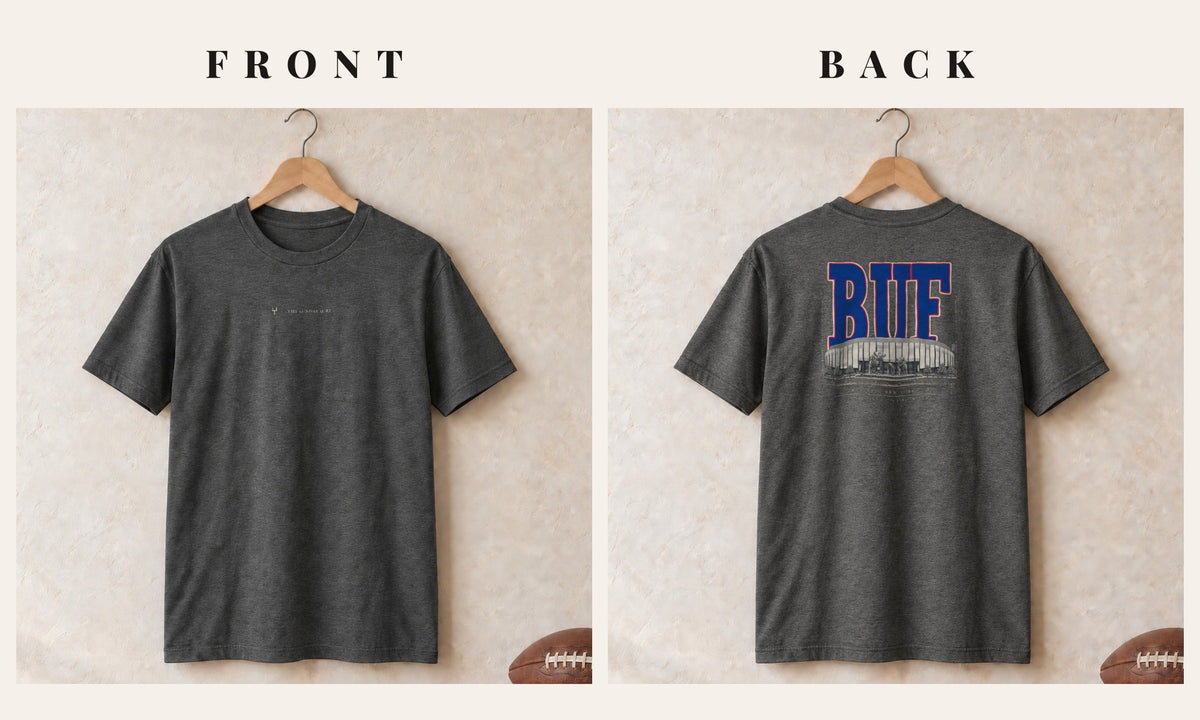 Tee + Logo Front · Dark Heather · front and back · Buffalo Blueprint City tee in dark heather