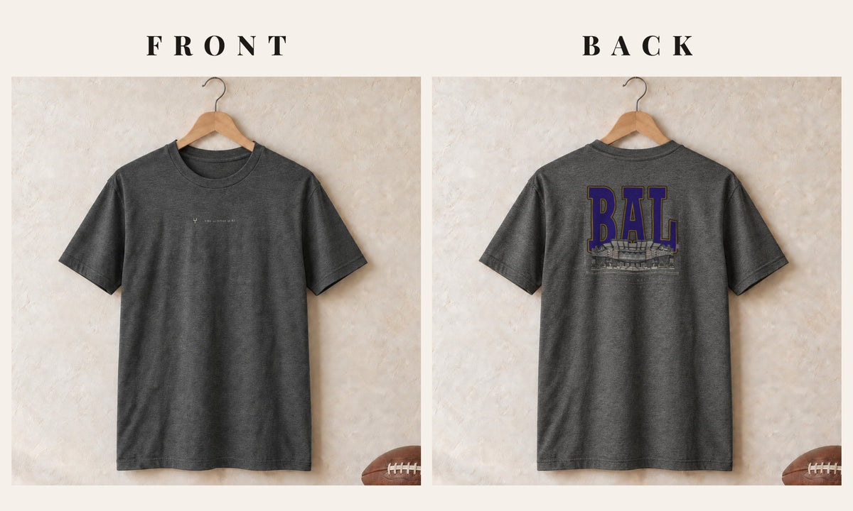 Tee + Logo Front · Dark Heather · front and back · Baltimore Blueprint City tee in dark heather