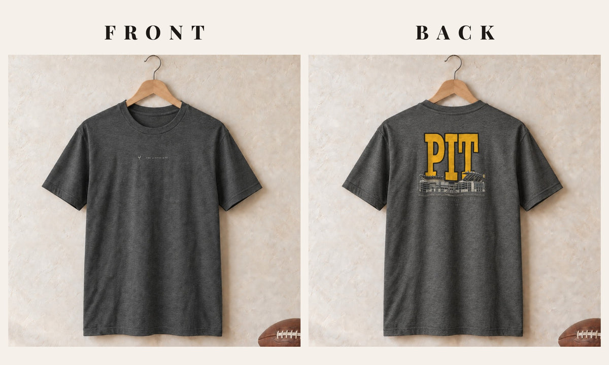 Tee + Logo Front · Dark Heather · front and back · Pittsburgh Blueprint City tee in dark heather