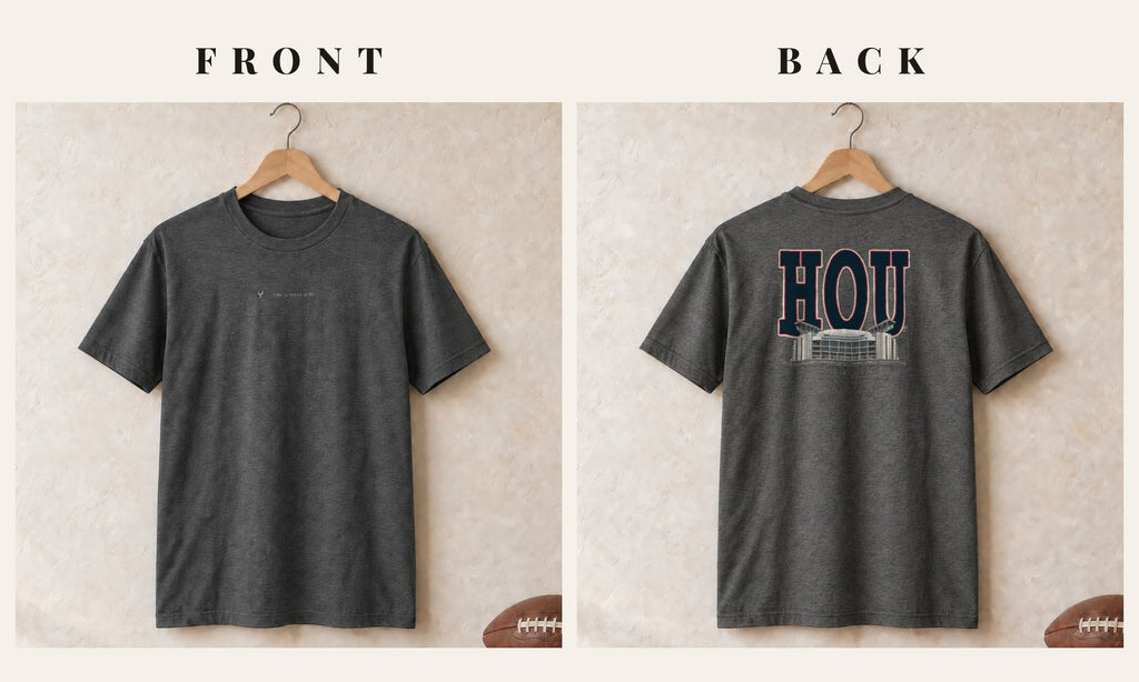 Tee + Logo Front · Dark Heather · front and back · Houston Blueprint City tee in dark heather