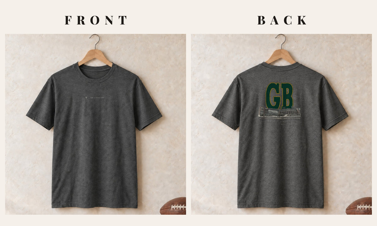 Tee + Logo Front · Dark Heather · front and back · Green Bay Blueprint City tee in dark heather