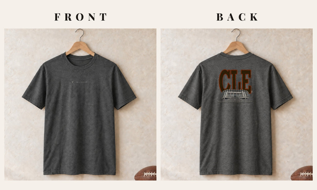 Tee + Logo Front · Dark Heather · front and back · Cleveland Blueprint City tee in dark heather