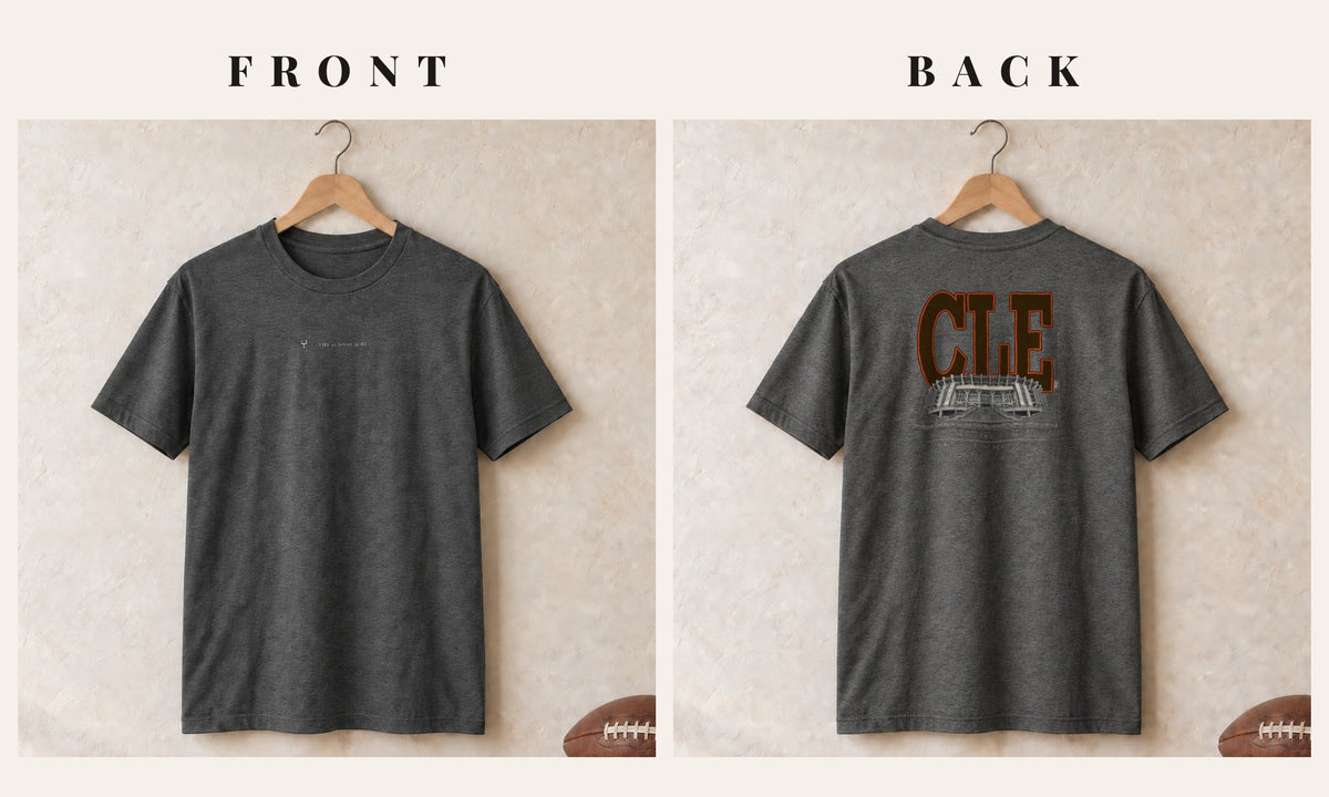 Tee + Logo Front · Dark Heather · front and back · Cleveland Blueprint City tee in dark heather
