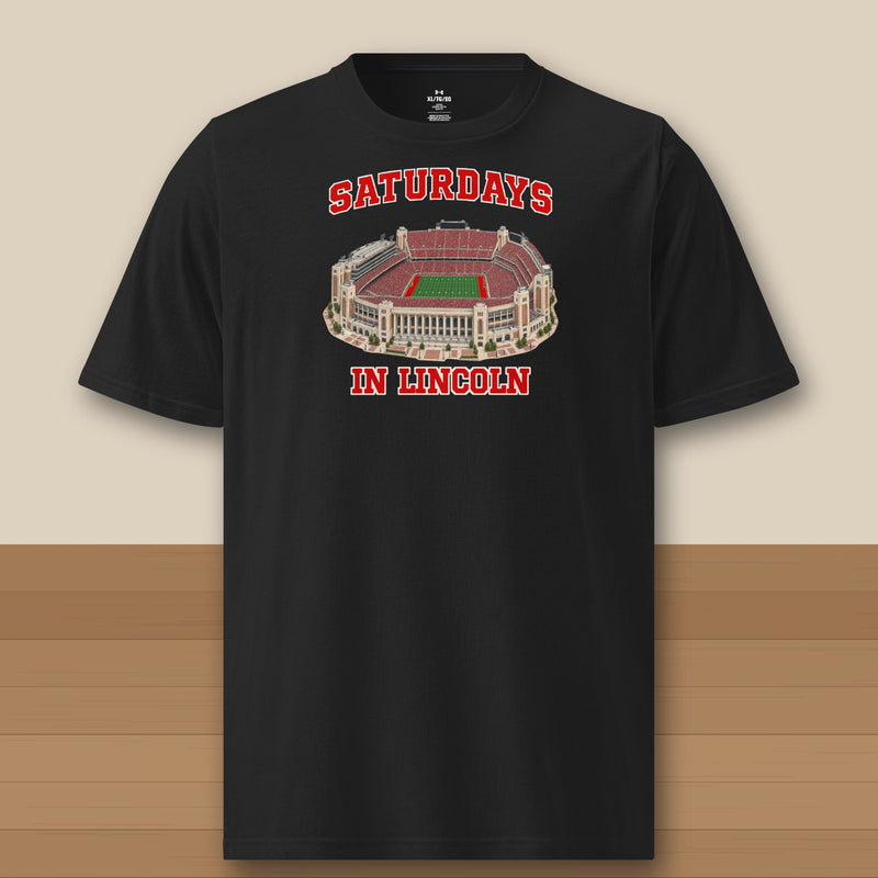 Color Black, Saturdays in Lincoln Under Armour Athletic Tee in black