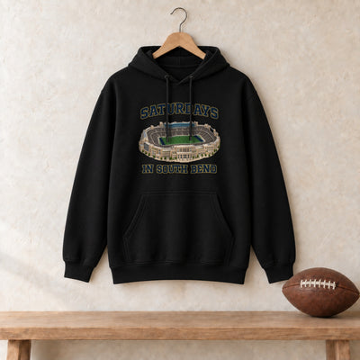 Color Black, Saturdays in South Bend Unisex Heavy Blend Hoodie in black