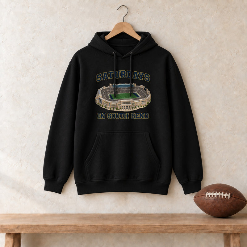 Color Black, Saturdays in South Bend Unisex Heavy Blend Hoodie in black