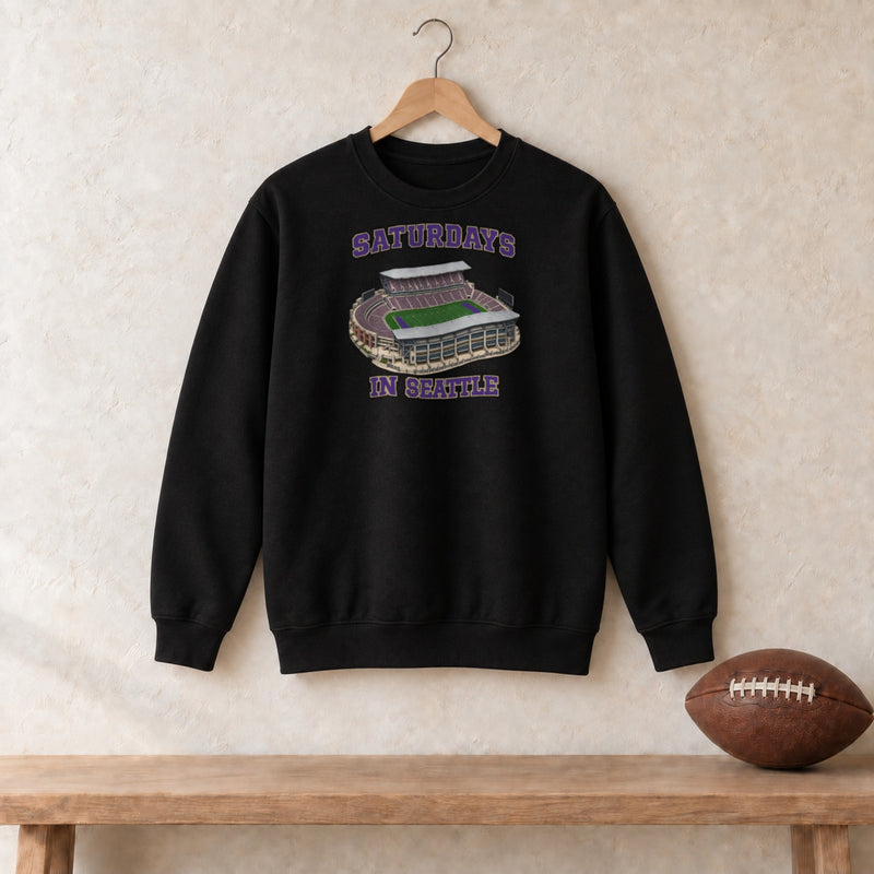 Color Black, Saturdays in Seattle Unisex Crew Neck Sweatshirt in black